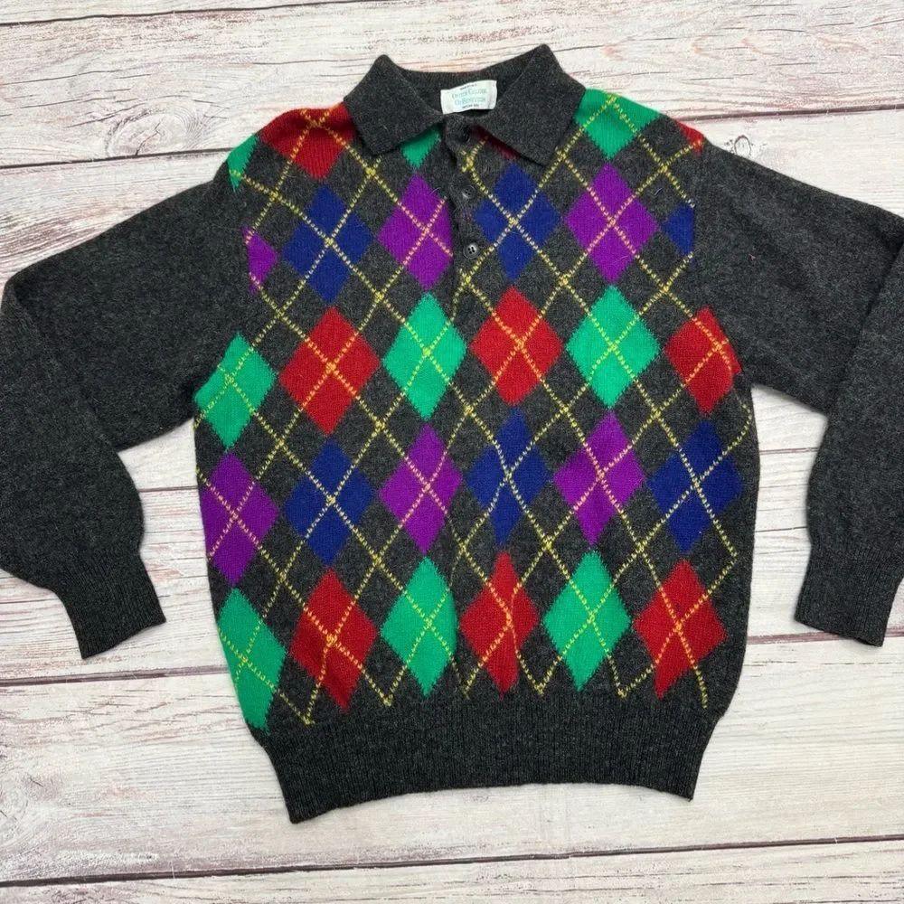 Vintage United Colors of Benetton Wool Argyle Sweater Grey Size Italian 48 US 12